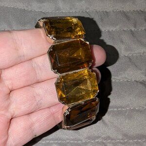 $1 with Bundle ~ Chunky Amber Topaz Emerald Cut Crystal Stretch Bracelet 6293